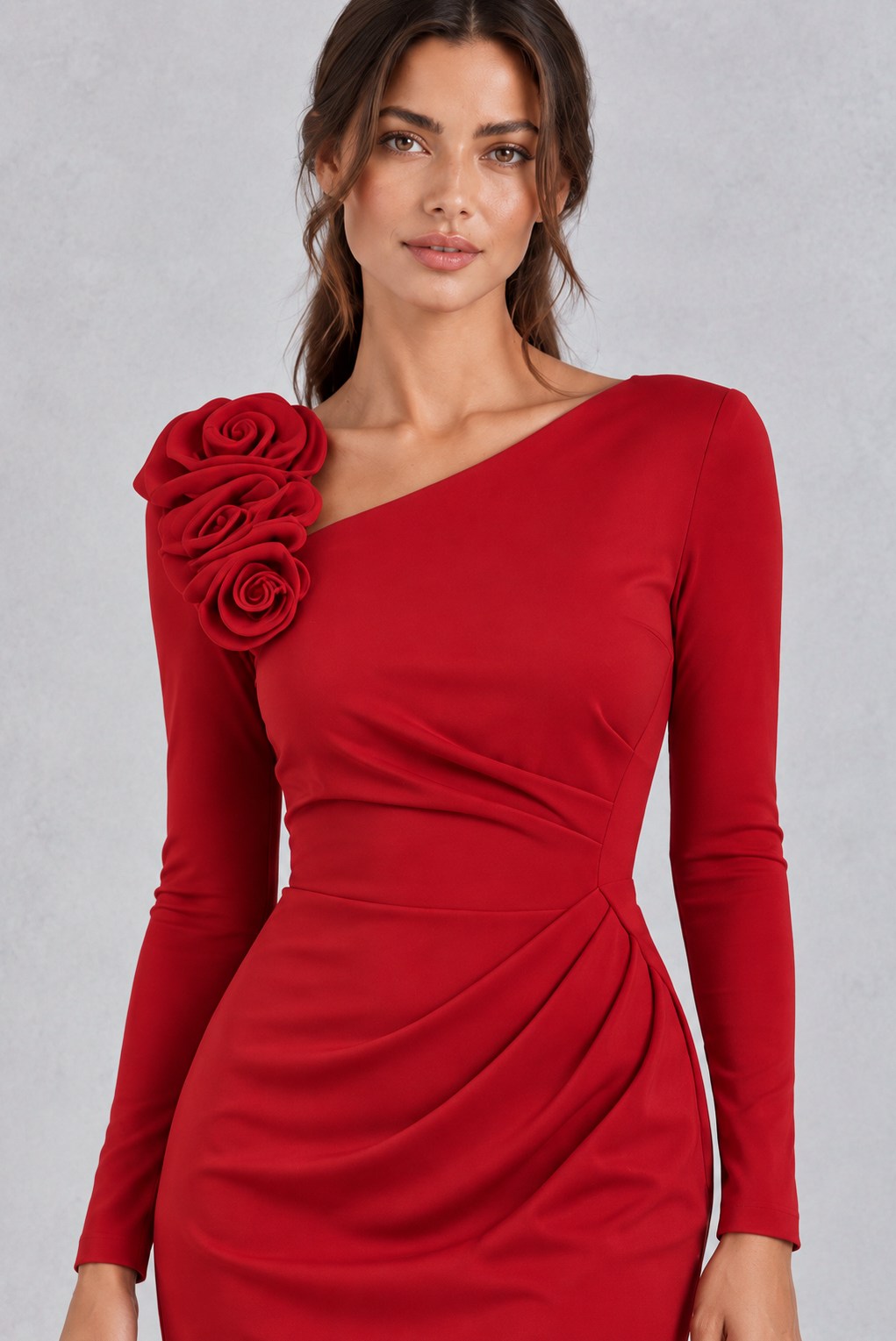 One Shoulder Long Sleeve Rosette Midi Dress