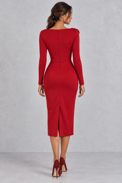 One Shoulder Long Sleeve Rosette Midi Dress