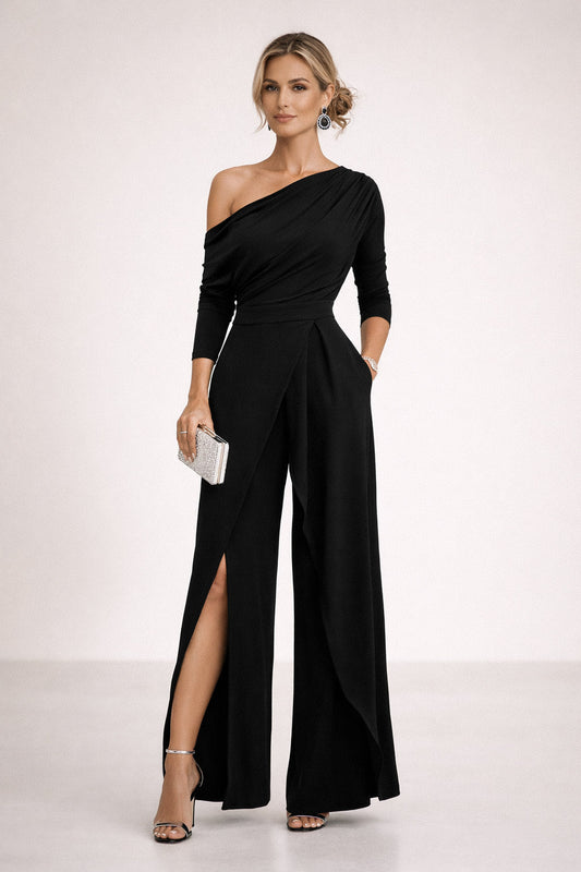 Crepe 3/4 Sleeve One Shoulder Ruched Wide Leg Jumpsuit