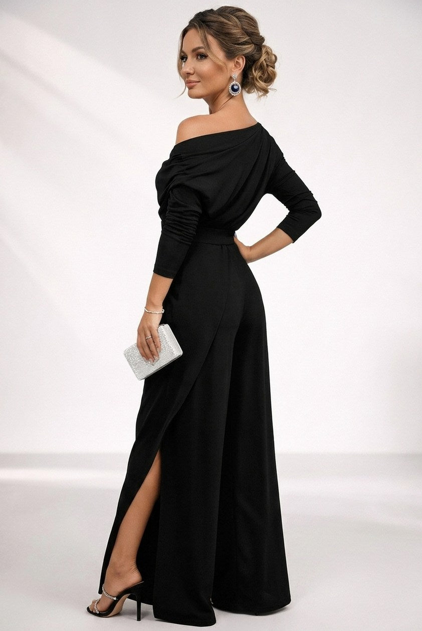 Crepe 3/4 Sleeve One Shoulder Ruched Wide Leg Jumpsuit