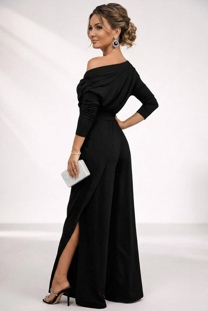 Crepe 3/4 Sleeve One Shoulder Ruched Wide Leg Jumpsuit