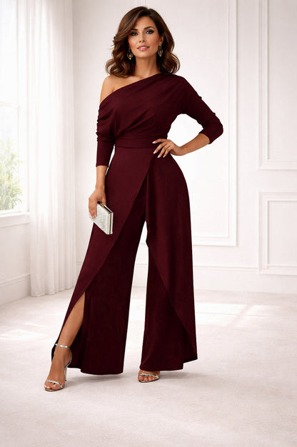Crepe 3/4 Sleeve One Shoulder Ruched Wide Leg Jumpsuit