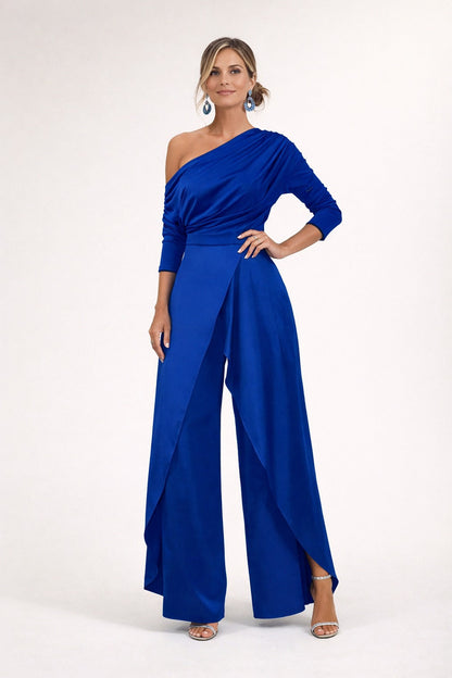 Crepe 3/4 Sleeve One Shoulder Ruched Wide Leg Jumpsuit