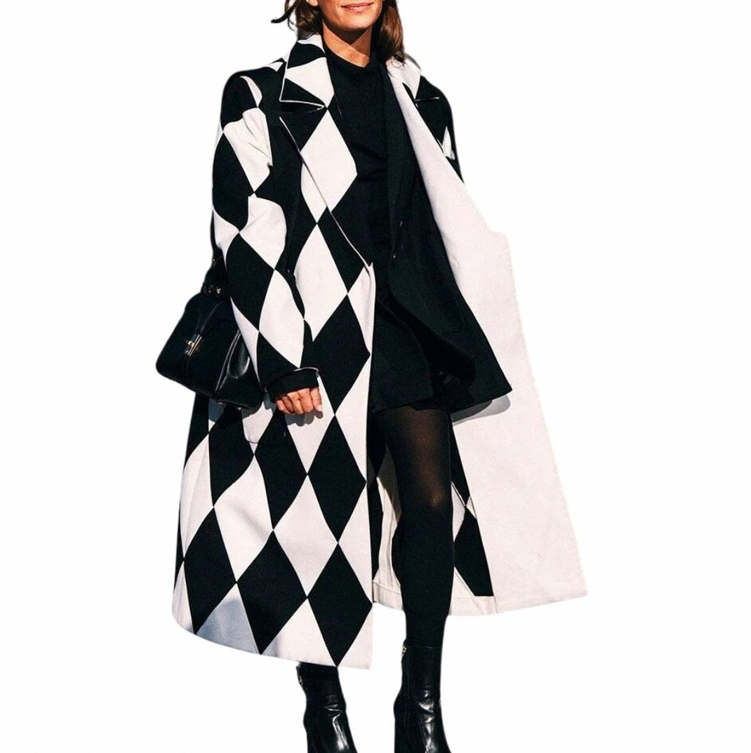 Plaid Notched Lapel Oversized Midi Coat