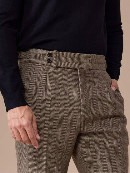 Pleated Herringbone Dress Pants