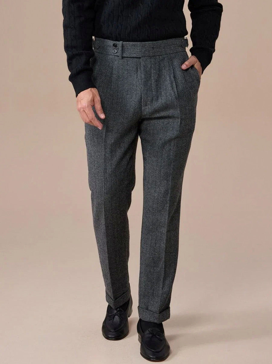 Pleated Herringbone Dress Pants