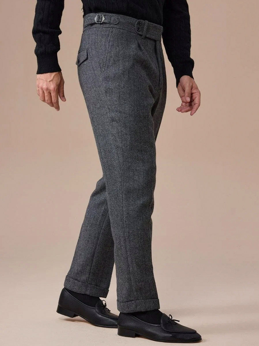 Pleated Herringbone Dress Pants