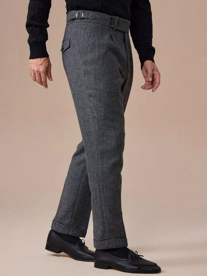 Pleated Herringbone Dress Pants