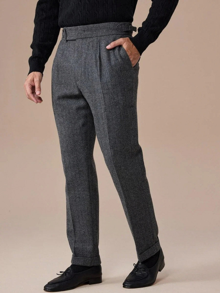 Pleated Herringbone Dress Pants