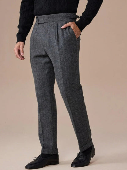 Pleated Herringbone Dress Pants