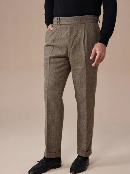 Pleated Herringbone Dress Pants