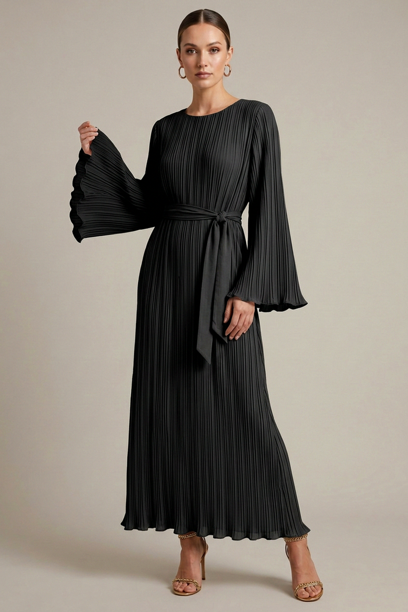 Pleated Long Sleeve Maxi Dress