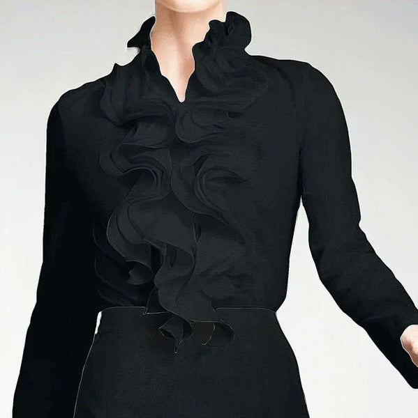 Poplin Ruffle Front Long Sleeve Collared Blouse