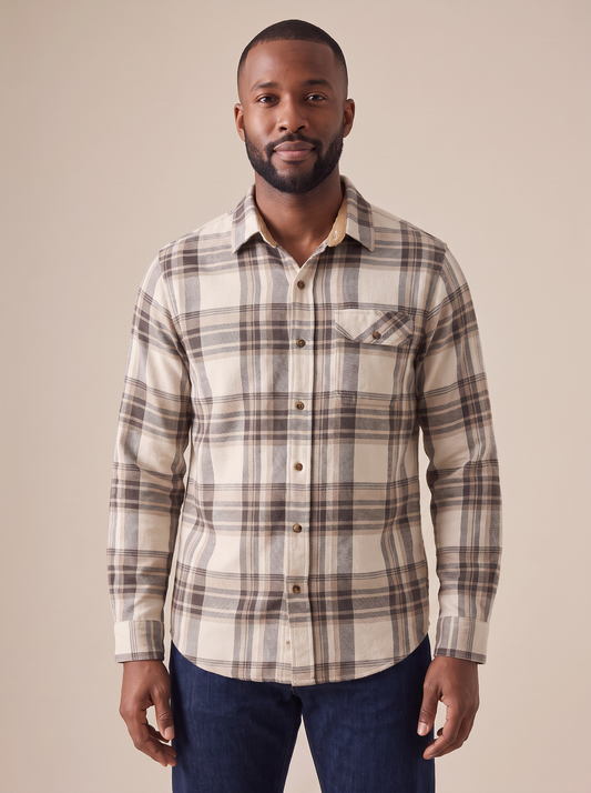 Reid Plaid Flannel Shirt in Beige Brown, three quarter view