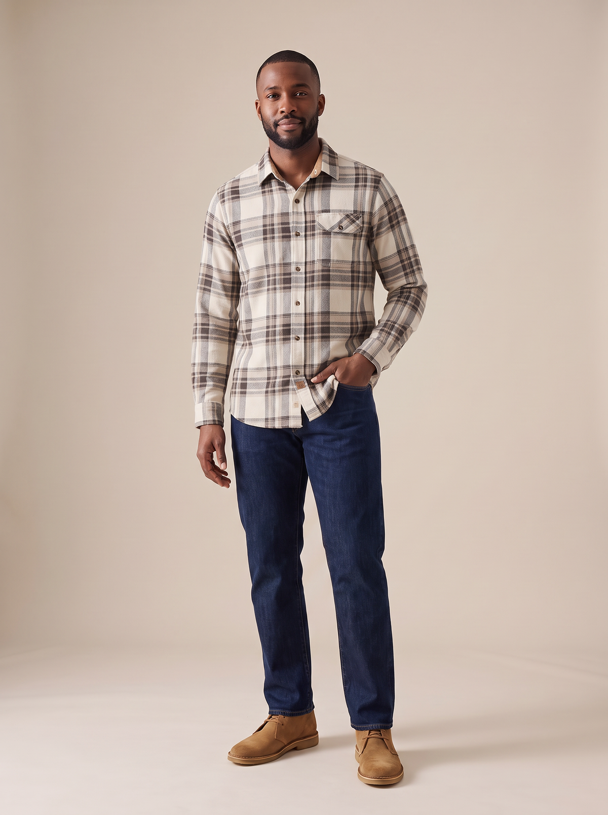 Reid Plaid Flannel Shirt in Beige Brown, front view