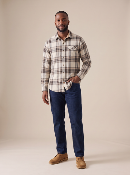 Reid Plaid Flannel Shirt in Beige Brown, front view