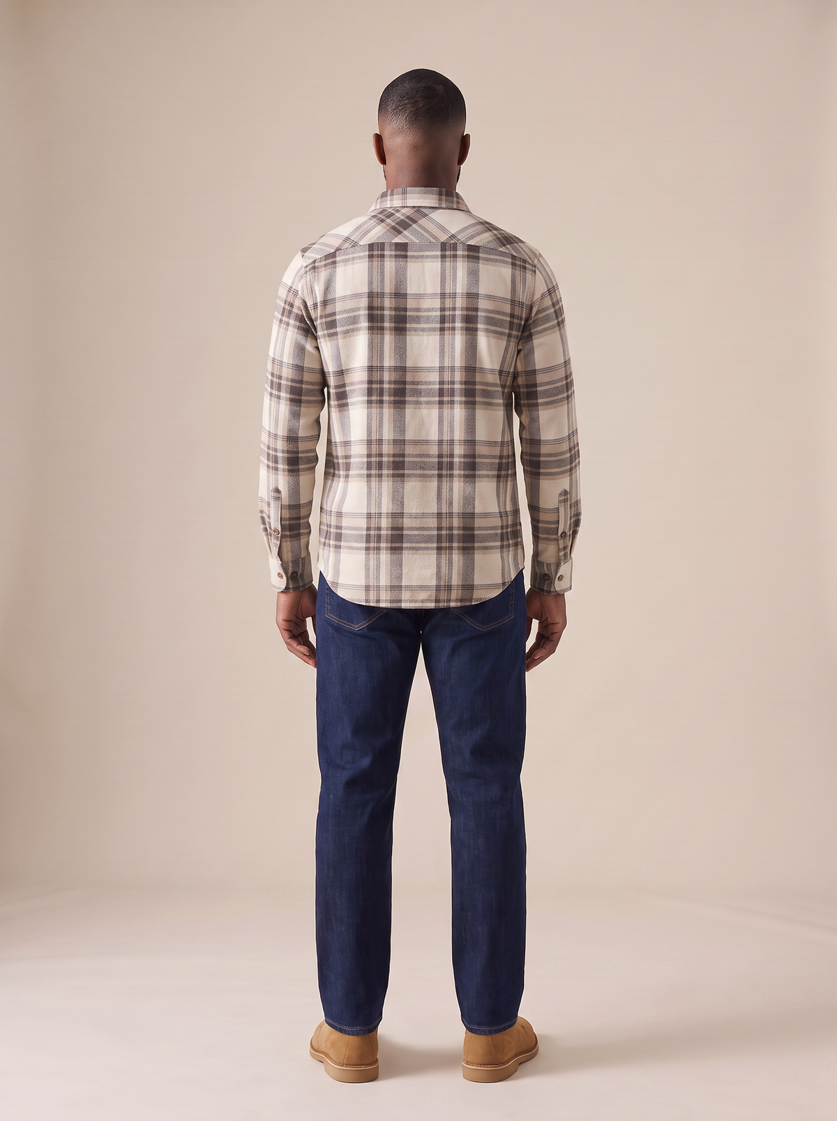 Reid Plaid Flannel Shirt in Beige Brown, back view