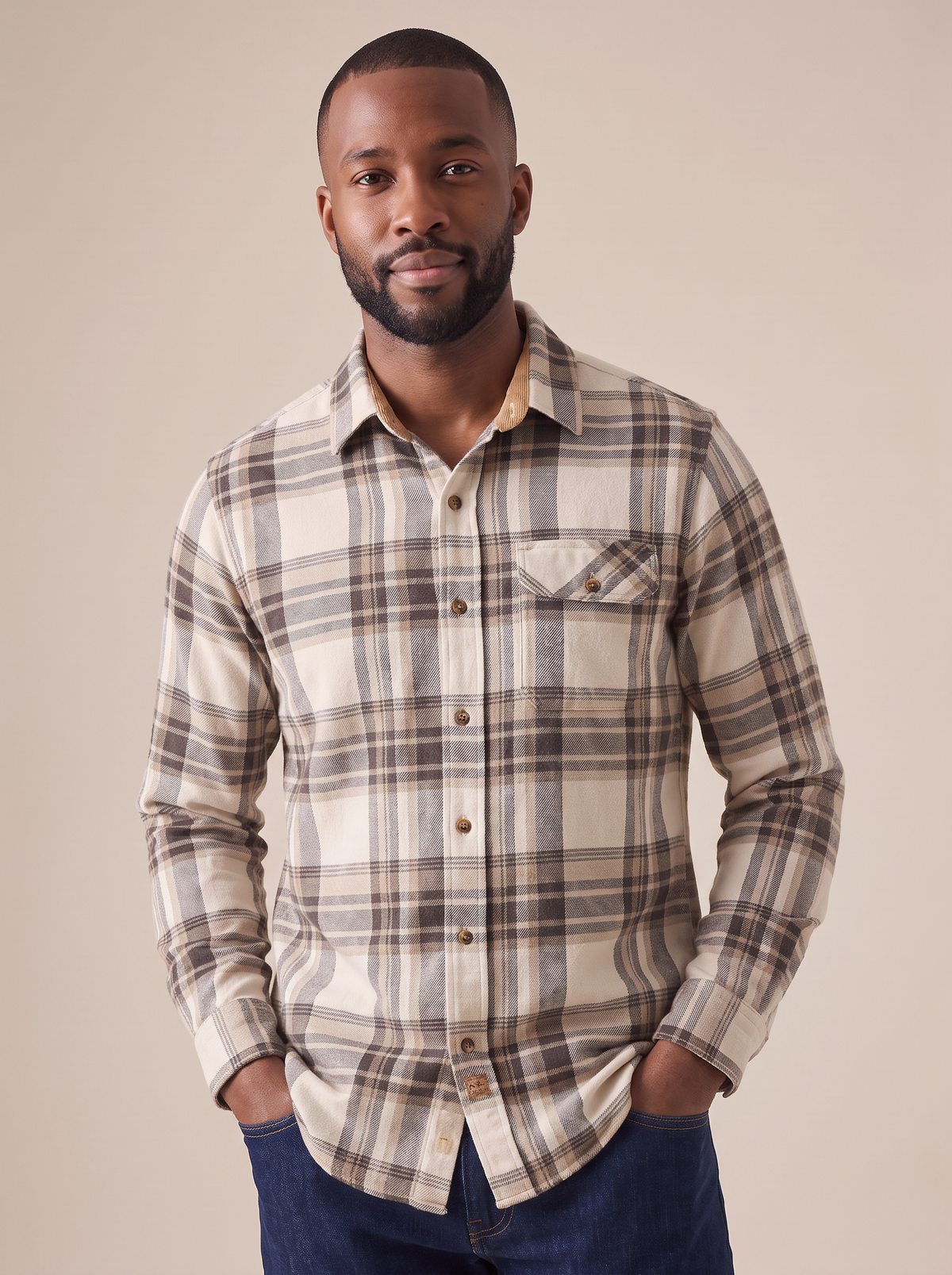 Reid Plaid Flannel Shirt in Beige Brown, detail view