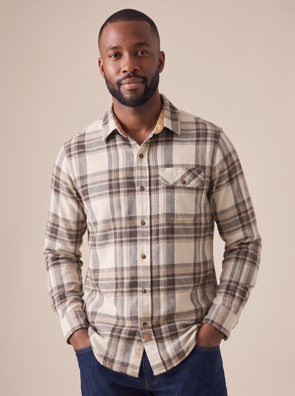 Reid Plaid Flannel Shirt in Beige Brown, detail view