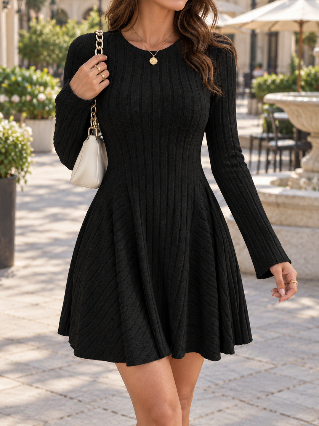 Ribbed Knit Crewneck Long Sleeve A-Line Mini Sweater Dress