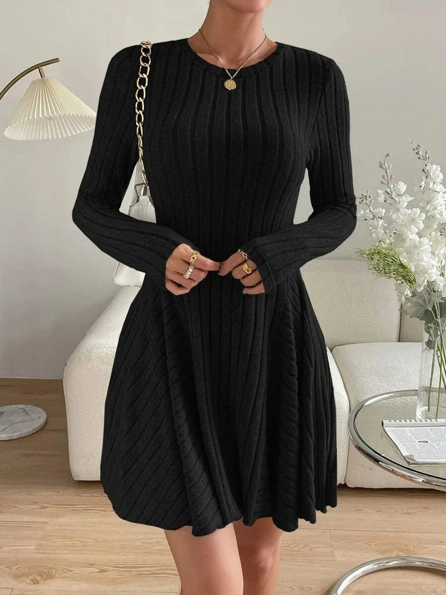 Ribbed Knit Crewneck Long Sleeve A-Line Mini Sweater Dress