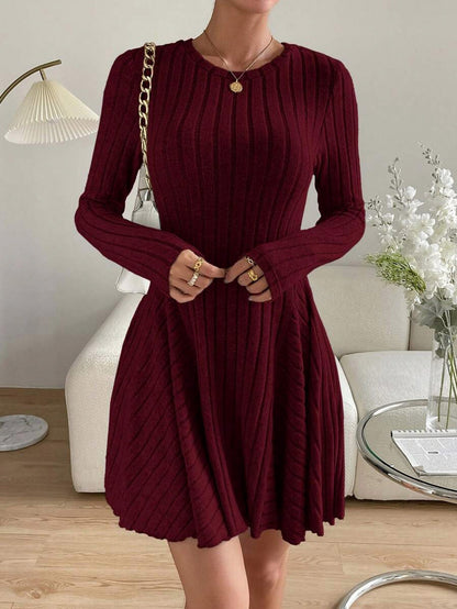 Ribbed Knit Crewneck Long Sleeve A-Line Mini Sweater Dress