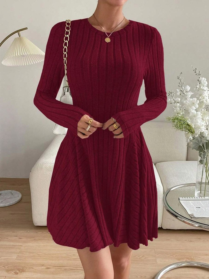Ribbed Knit Crewneck Long Sleeve A-Line Mini Sweater Dress