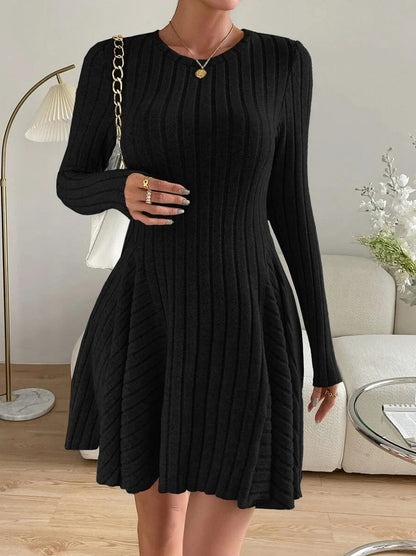 Ribbed Knit Crewneck Long Sleeve A-Line Mini Sweater Dress