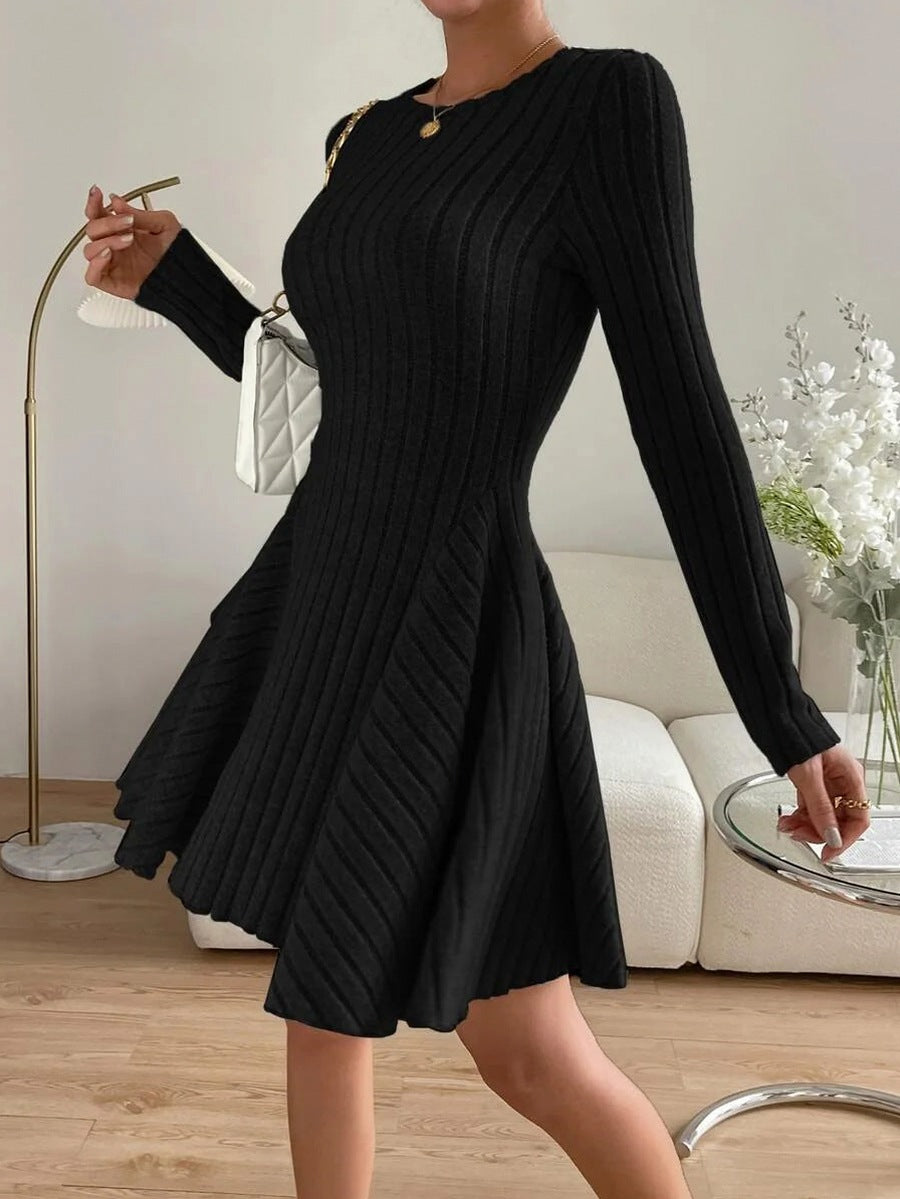 Ribbed Knit Crewneck Long Sleeve A-Line Mini Sweater Dress