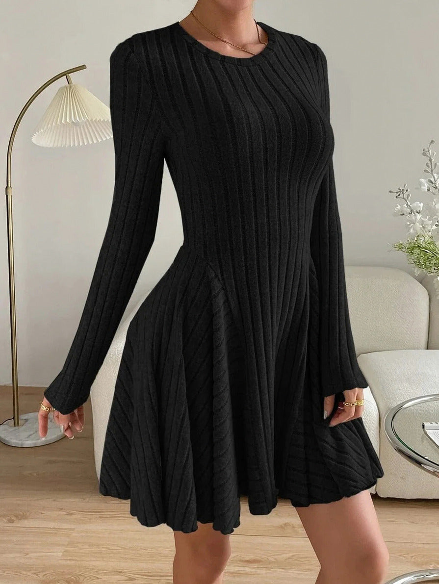 Ribbed Knit Crewneck Long Sleeve A-Line Mini Sweater Dress