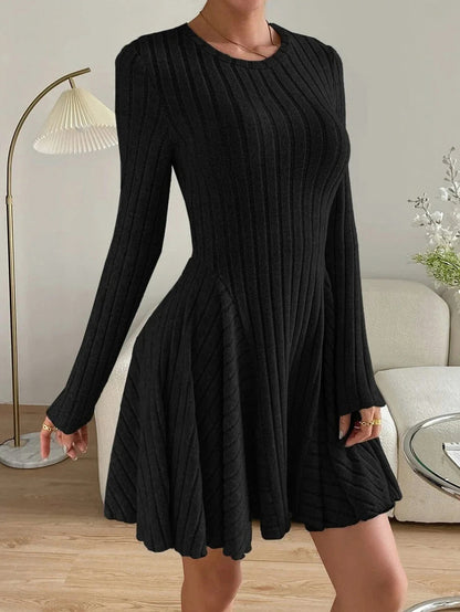 Ribbed Knit Crewneck Long Sleeve A-Line Mini Sweater Dress