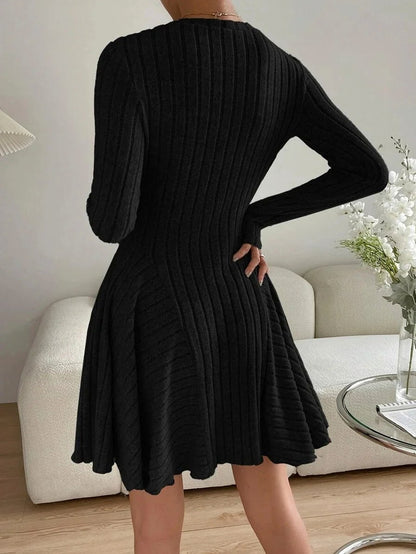 Ribbed Knit Crewneck Long Sleeve A-Line Mini Sweater Dress