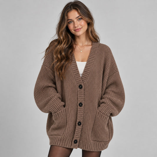 Ribbed Knit Oversized V Neck Button Front Cardigan