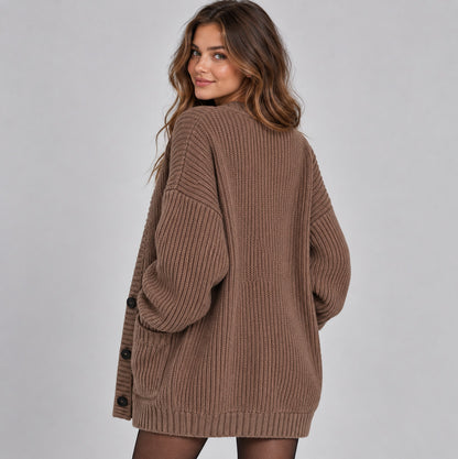 Ribbed Knit Oversized V Neck Button Front Cardigan