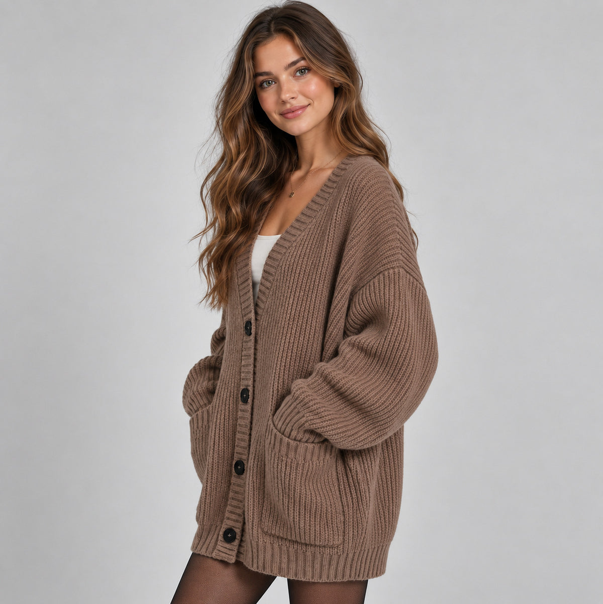Ribbed Knit Oversized V Neck Button Front Cardigan
