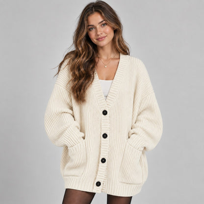 Ribbed Knit Oversized V Neck Button Front Cardigan