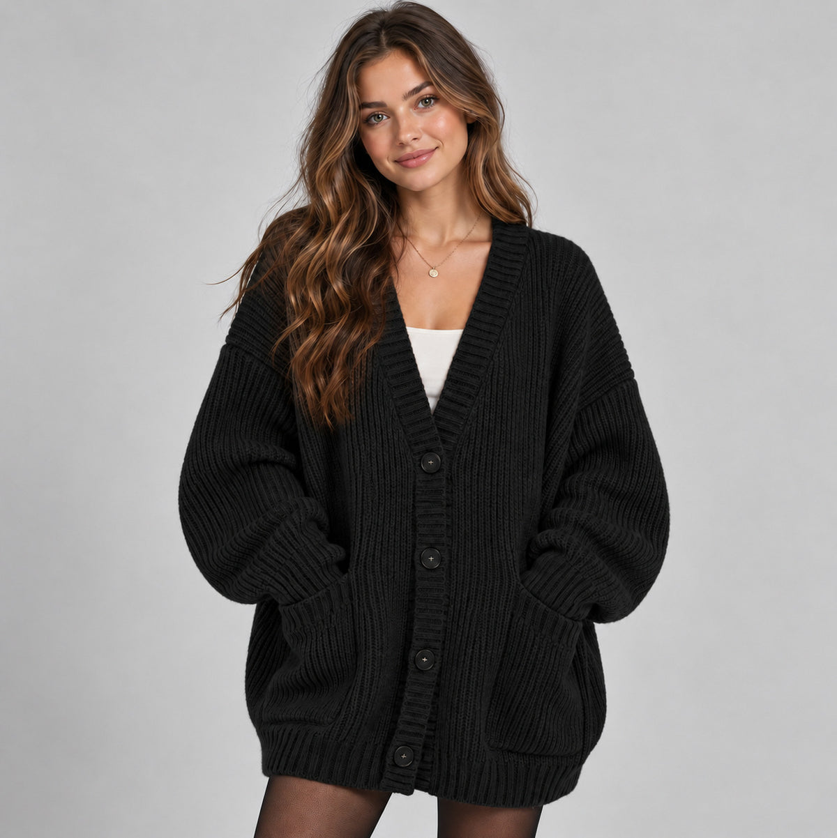 Ribbed Knit Oversized V Neck Button Front Cardigan