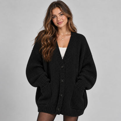 Ribbed Knit Oversized V Neck Button Front Cardigan