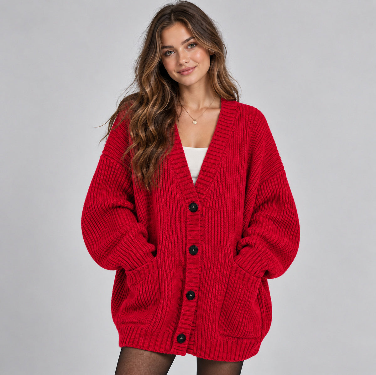 Ribbed Knit Oversized V Neck Button Front Cardigan