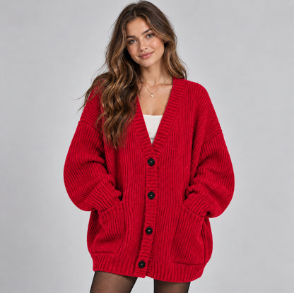 Ribbed Knit Oversized V Neck Button Front Cardigan