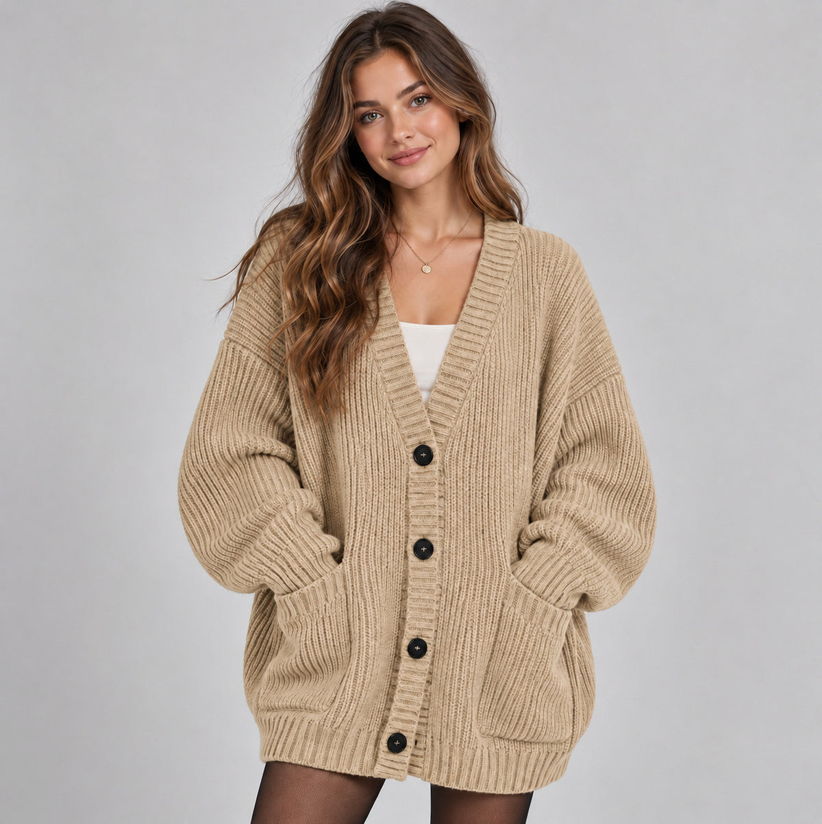 Ribbed Knit Oversized V Neck Button Front Cardigan