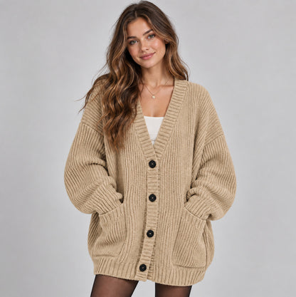 Ribbed Knit Oversized V Neck Button Front Cardigan
