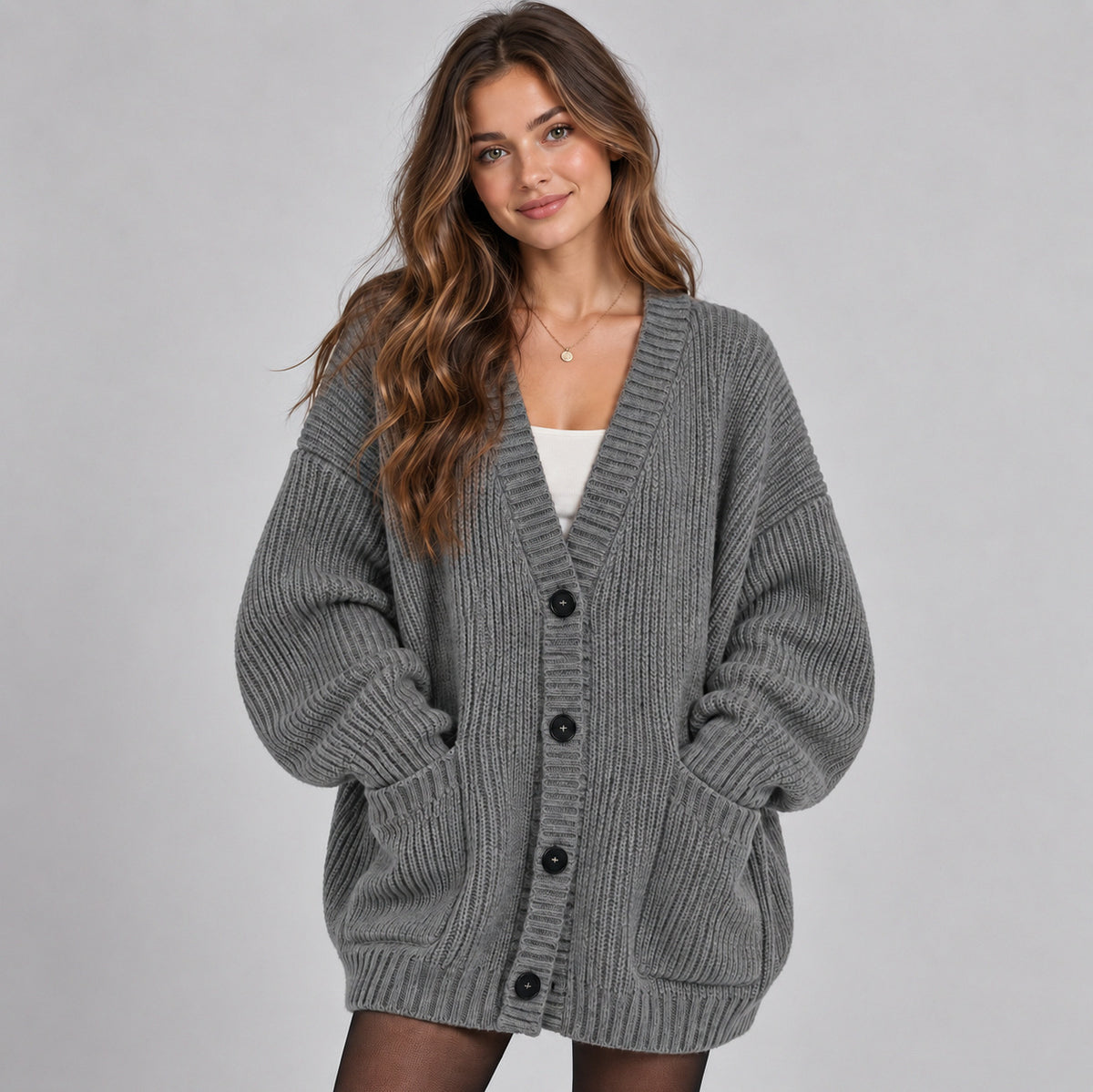 Ribbed Knit Oversized V Neck Button Front Cardigan