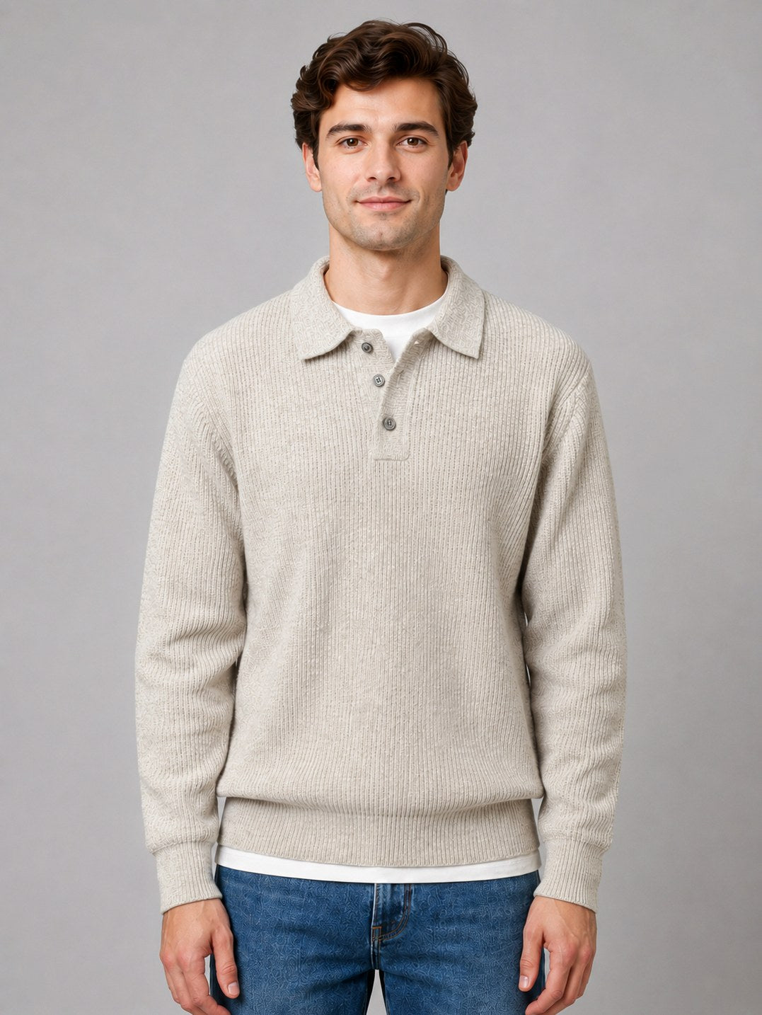 Ribbed Knit Polo Sweater
