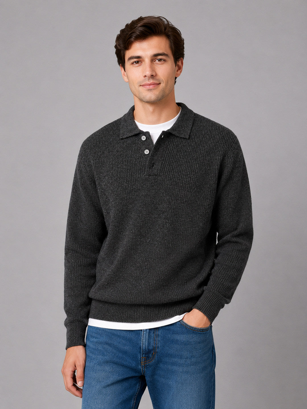 Ribbed Knit Polo Sweater