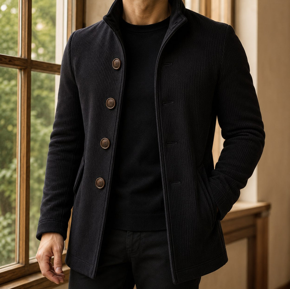 Ribbed Knit Stand Collar Coat