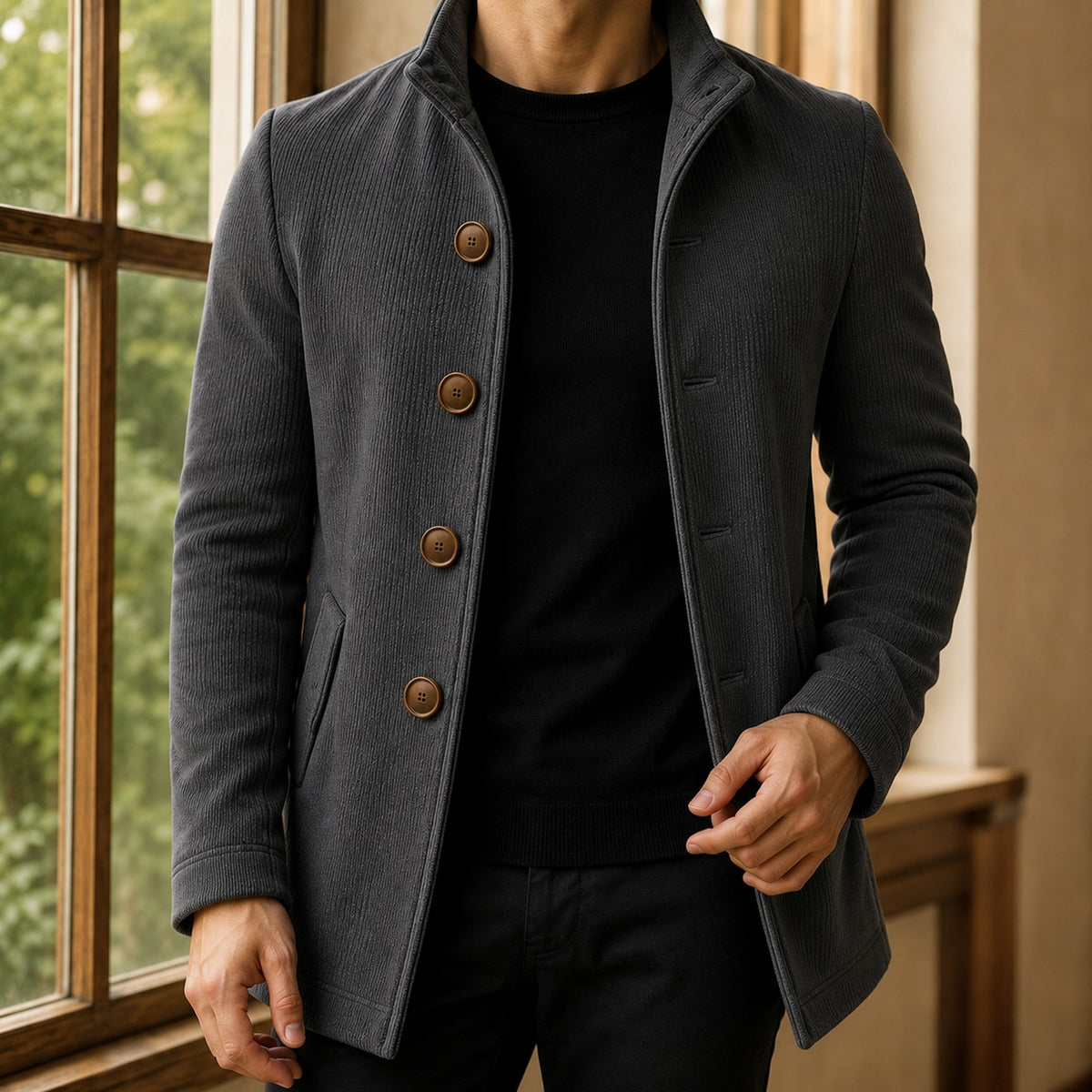 Ribbed Knit Stand Collar Coat