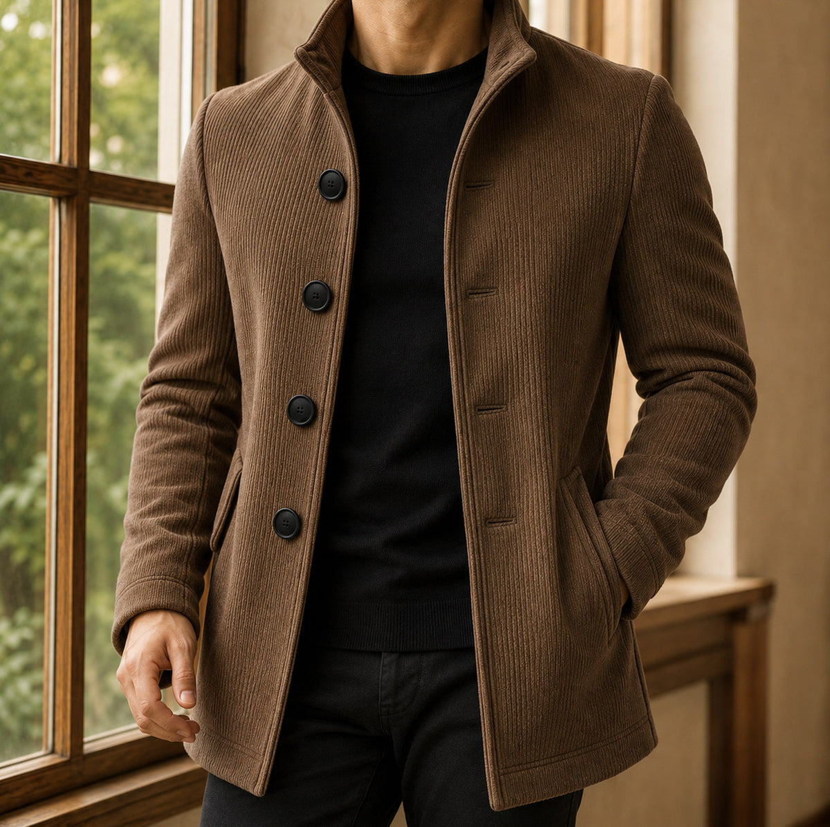 Ribbed Knit Stand Collar Coat
