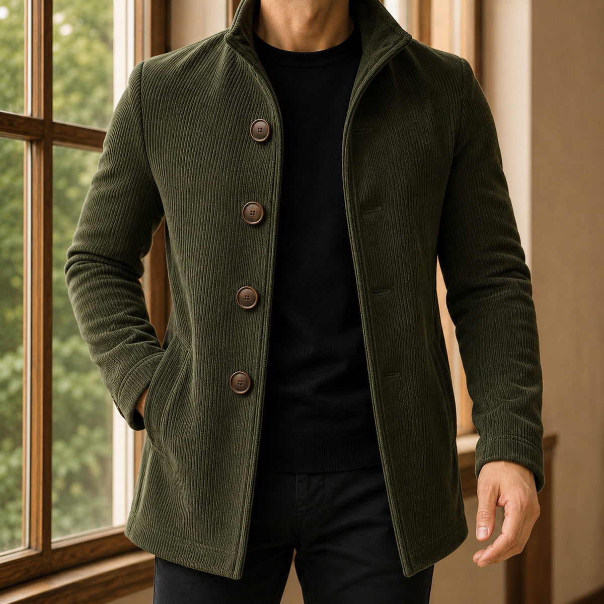 Ribbed Knit Stand Collar Coat