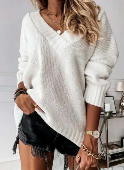Ribbed Knit V Neck Long Sleeve Sweater